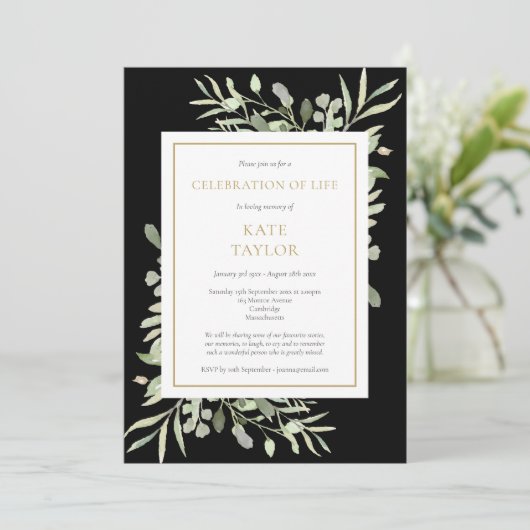Invitation Elégant Black Greenery Funeral Célébration de la v (Debout devant)
