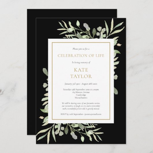 Invitation Elégant Black Greenery Funeral Célébration de la v (Devant / Derrière)