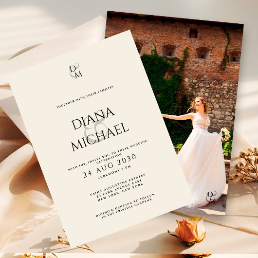 Invitation Elegant Black & Ivory Monogram Wedding Photo