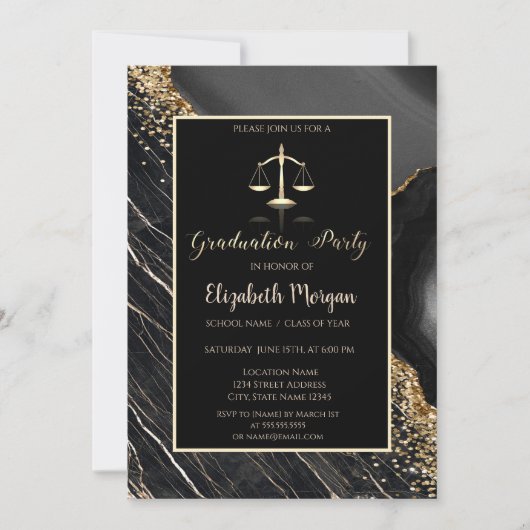 Invitation Élégant Black Marble Law School Parti de Graduatio (Devant)