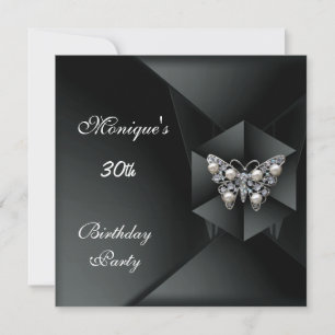 Invitation Elégant Black Pearl Butterfly Jewel 30e anniversai