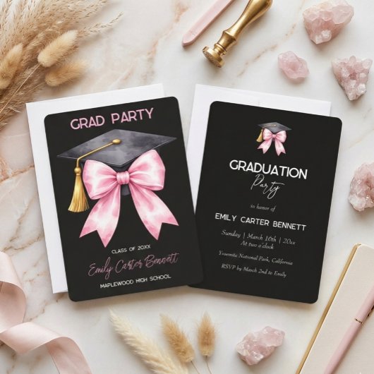 Invitation Elegant Black Pink Coquette Bow Graduation