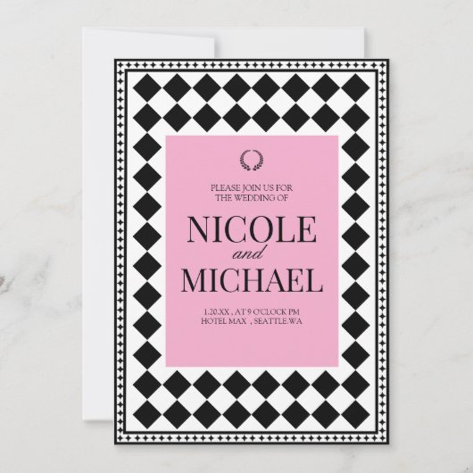 Invitation Elegant Black &Pink Diamond Pattern Wedding  (Devant)