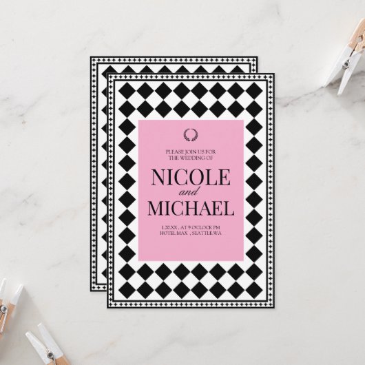 Invitation Elegant Black &Pink Diamond Pattern Wedding  (Devant/Arrière en situation)