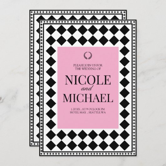Invitation Elegant Black &Pink Diamond Pattern Wedding  (Devant / Derrière)