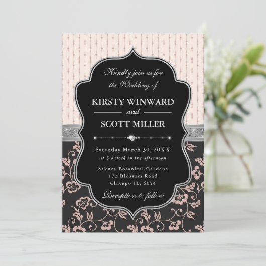 Invitation Elegant Black Pink Frame Floral Wedding (Debout devant)