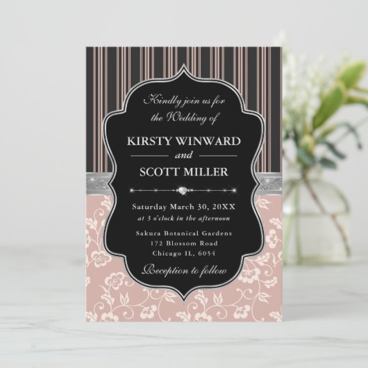 Invitation Elegant Black Pink Frame Floral Wedding (Debout devant)