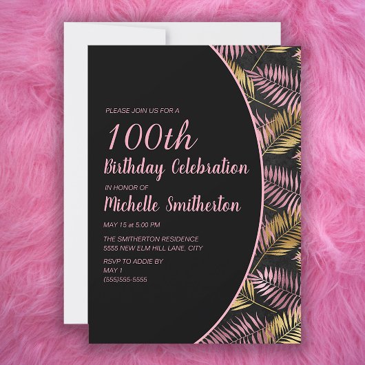 Invitation Elégant Black Pink Gold 100e anniversaire