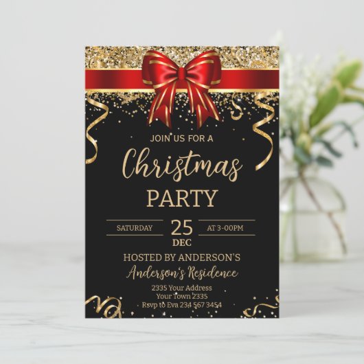 Invitation Elegant Black Red Bow Christmas Holiday Party (Debout devant)