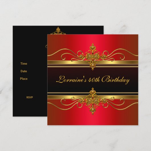 Invitation Elégant Black Red Gold Jewel 40e anniversaire (Devant / Derrière)