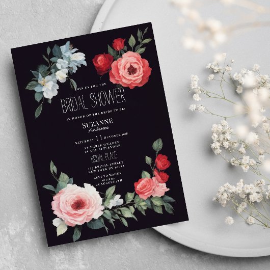 Invitation Elegant black red pink blue roses Bridal Shower