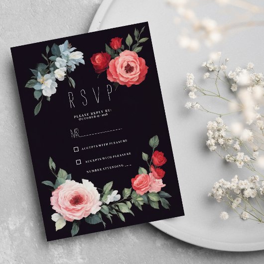 Invitation Elegant black red pink blue roses romantic RSVP