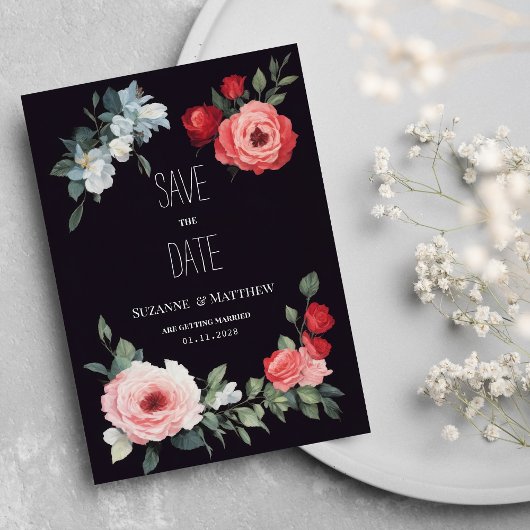 Invitation Elegant black red pink blue roses Save the Date