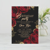 Invitation Elegant Black Red Rose Birthday Party (Debout devant)
