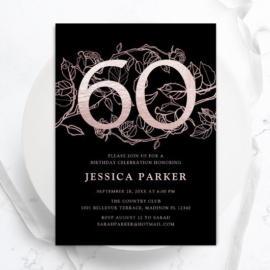 Invitation Elégant Black Rose Gold 60e anniversaire
