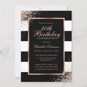 Invitation Elégant Black Rose Gold Confetti 30e anniversaire