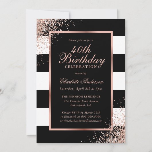 Invitation Elégant Black Rose Gold Confetti 40e anniversaire (Devant)