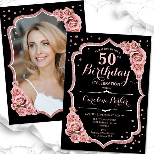 Invitation Elégant Black Rose Gold Photo 50e anniversaire