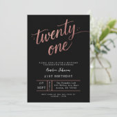 Invitation Elegant Black & Rose Gold Script 21st Birthday (Debout devant)