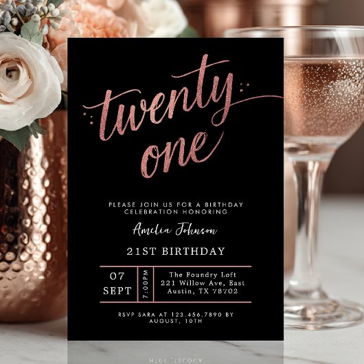 Invitation Elegant Black & Rose Gold Script 21st Birthday