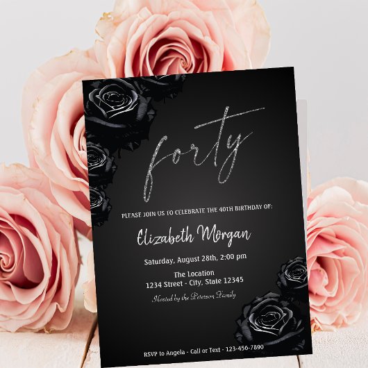 Invitation Elégant Black Rose gothique 40e anniversaire