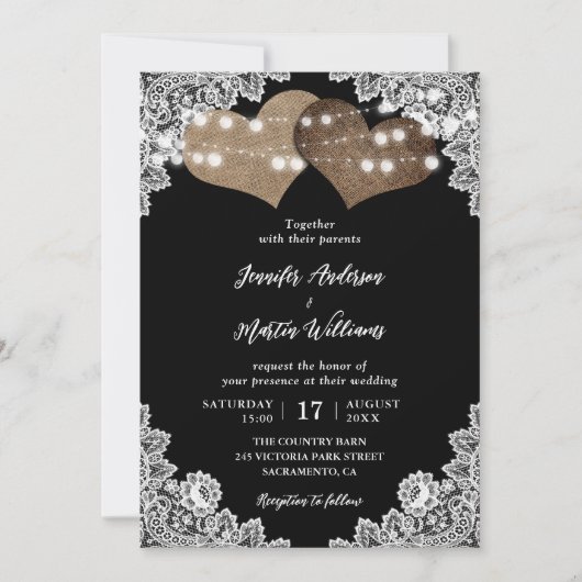 Invitation Elégant Black Rustic Hearts Floral Mariage dentell (Devant)