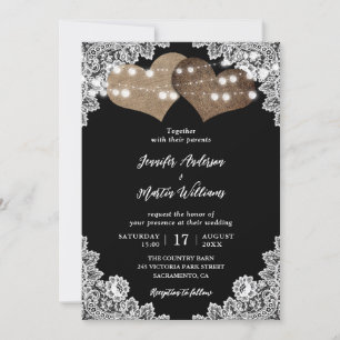 Invitation Elégant Black Rustic Hearts Floral Mariage dentell
