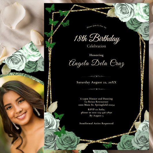 Invitation Elegant Black Sage Green Rose 18th Birthday Debut 