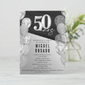 Invitation Elégant Black Silver Balloons 50e anniversaire fêt (Debout devant)