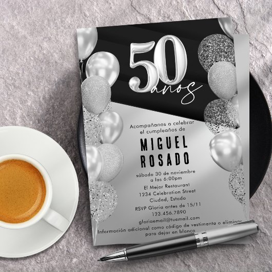 Invitation Elégant Black Silver Balloons 50e anniversaire fêt