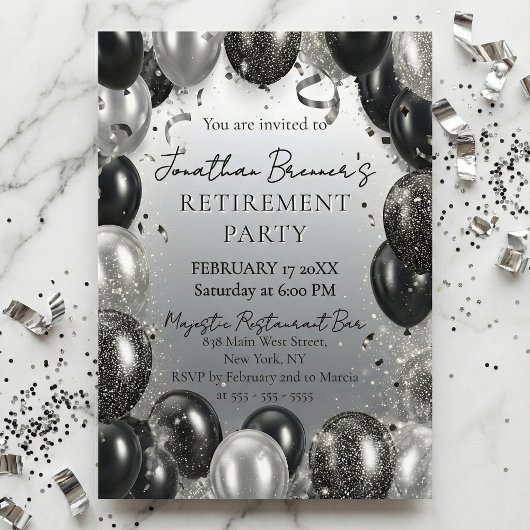Invitation Elegant Black Silver Balloons Retirement Party