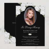 Invitation Elégant Black Silver Floral Photo Memorial Service (Devant / Derrière)