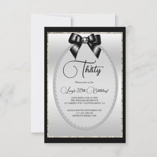 Invitation Elégant Black & Silver Jewel Bow Anniversaire (Devant)