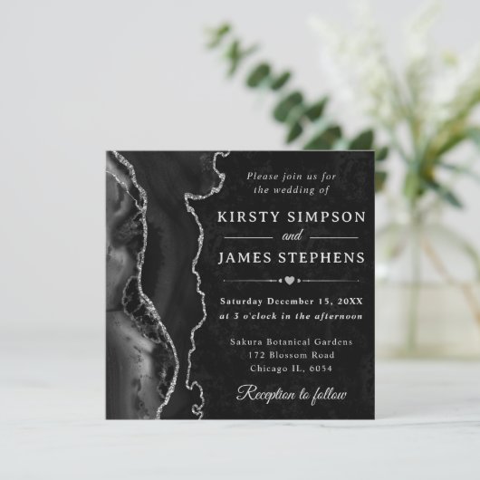 Invitation Elégant Black Silver Parties scintillant Agate Mar (Debout devant)