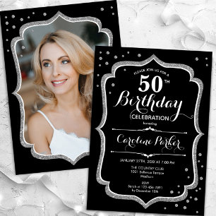 Invitation Elégant Black Silver Photo 50e anniversaire