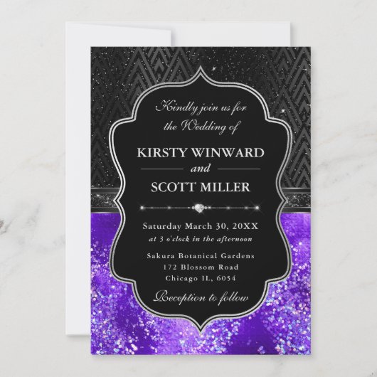 Invitation Elegant Black Silver Purple Glitter Wedding (Devant)