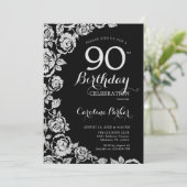 Invitation Elégant Black Silver Roses 90e anniversaire fête (Debout devant)