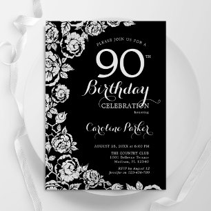 Invitation Elégant Black Silver Roses 90e anniversaire fête