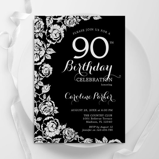 Invitation Elégant Black Silver Roses 90e anniversaire fête