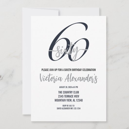 Invitation Elegant Black Silver Script 60th Birthday  (Devant)