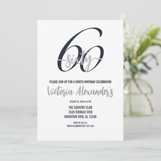Invitation Elegant Black Silver Script 60th Birthday (Debout devant)