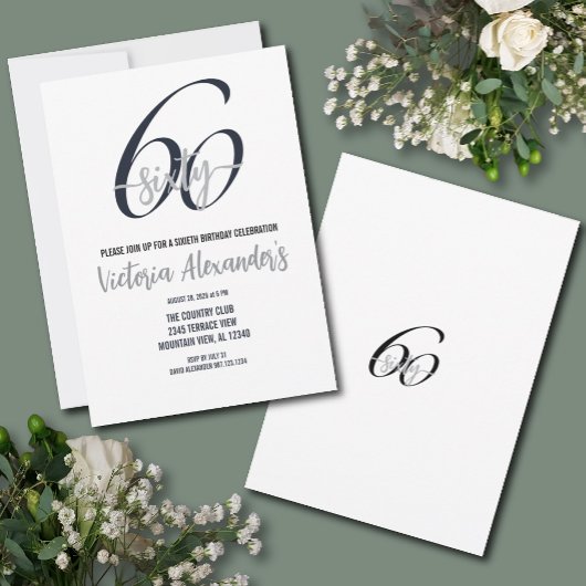 Invitation Elegant Black Silver Script 60th Birthday 