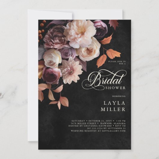 Invitation Elégant Black Soft Fall Floral Script Douche (Devant)