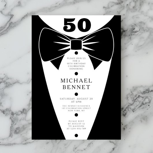 Invitation Elegant Black Tuxedo 50th Birthday