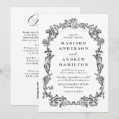 Invitation Elegant Black Victorian Floral All in One Wedding (Devant / Derrière)