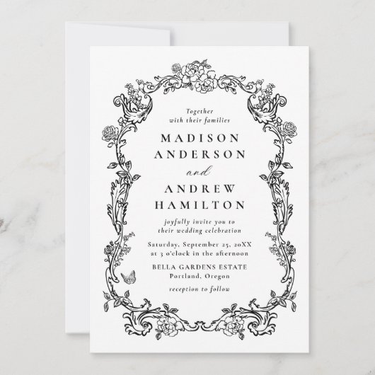 Invitation Elegant Black Victorian Floral Frame Wedding (Devant)