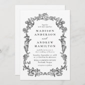 Invitation Elegant Black Victorian Floral Frame Wedding (Devant / Derrière)