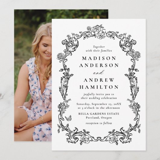 Invitation Elegant Black Victorian Floral Photo Wedding (Devant / Derrière)