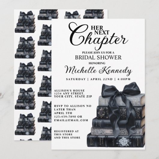 Invitation Elegant Black & White Book Themed Bridal Shower  (Devant / Derrière)