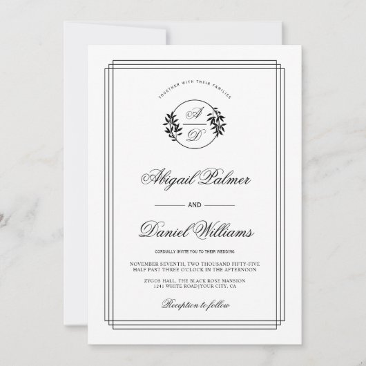 Invitation Elegant black, white branch and initials wedding (Devant)
